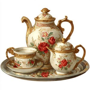 May include: A vintage tea set with a teapot, creamer, teacup, and saucer, all on a silver tray. The set is cream-colored with gold accents and red rose floral designs. The teapot has a decorative handle and lid.