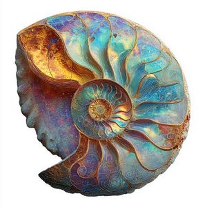 May include: A detailed, iridescent nautilus shell with a spiral design. The shell features a blend of gold, blue, and purple hues, with intricate patterns and textures. The shell is set against a white background.
