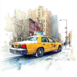 8 Snowy Yellow Taxi Clipart New York City Winter Street Painting Watercolor Printable High Quality PNGs Digital Paper Craft Junk Journal DIY