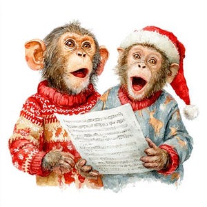 May include: A watercolour illustration of two monkeys singing from sheet music. One monkey wears a red and white patterned sweater, the other wears a blue and white pajama set and a Santa hat. The monkeys have surprised expressions.