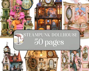 Dollhouse Steampunk Clipart, Junk Journal Pages, High Quality PNGs Wallpaper Backgrounds Scrapbook Paper Vintage Ephemera Transparent Images