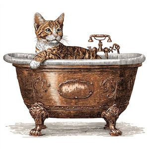 Puede incluir: Un gato atigrado marrón descansa en una bañera de cobre vintage. La bañera con patas de garra presenta detalles ornamentados y un grifo clásico. El gato está acostado, mirando hacia un lado, con las patas apoyadas en el borde de la bañera. La imagen tiene un estilo ilustrativo vintage.