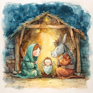 May include: Watercolor illustration of a Nativity scene. The image depicts a baby in a manger, with two figures kneeling beside it and a donkey. The scene is set inside a rustic wooden stable, with a starry night sky in the background.