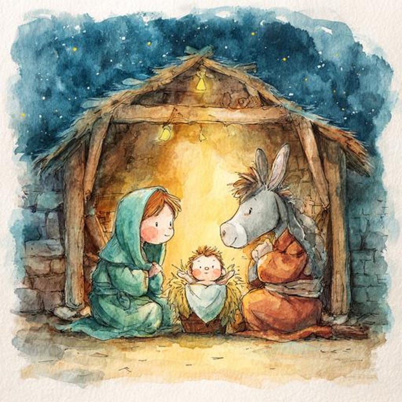 May include: Watercolor illustration of a Nativity scene. The image depicts a baby in a manger, with two figures kneeling beside it and a donkey. The scene is set inside a rustic wooden stable, with a starry night sky in the background.
