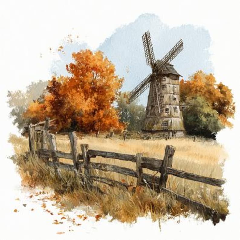 8 Fall Windmill Clipart Autumn Landscape Rustic Cottage Scenery ...