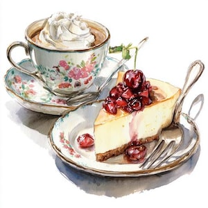 Puede incluir: Ilustración en acuarela de una taza de café con crema batida, una rebanada de tarta de queso cubierta con cerezas y una taza y platillo florales. La taza y el platillo tienen un diseño floral rosa.