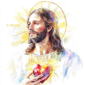 May include: A watercolour illustration of a man with long brown hair and a beard, wearing a white robe. A golden halo surrounds his head. A glowing heart is visible on his chest, radiating light. The artwork has a soft, ethereal quality.