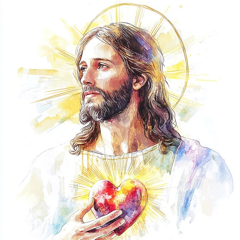 May include: A watercolour illustration of a man with long brown hair and a beard, wearing a white robe. A golden halo surrounds his head. A glowing heart is visible on his chest, radiating light. The artwork has a soft, ethereal quality.