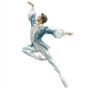 Può includere: Illustrazione ad acquerello di un ballerino di balletto maschile in movimento. Indossa una giacca blu e bianca con maniche a sbuffo, calzamaglia bianca e scarpette da ballo. Le sue braccia sono tese e il suo sguardo è rivolto verso l'alto.