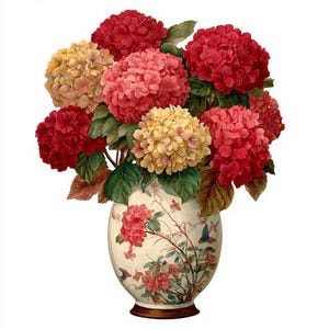 12 Hydrangea Clipart, Red Yellow Flowers in Pot Watercolor Printable, Digital Download, High Quality PNGs, Paper Crafts, Junk Journal Prints