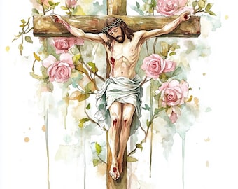 10 Jesus On Cross Clipart Floral Cross Jesus Crucifixion Pastel Watercolor Passion Digital Download Bible Scene Paper Craft Junk Journals