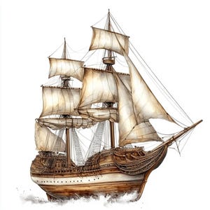 8 Clipart di navi a vela, immagine di navi pirata d'epoca, nave fantasma, download digitale, acquerello, stampabile, PNG di alta qualità, carta artigianale, diario di spazzatura
