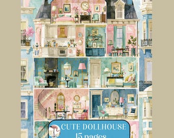 Dollhouse Junk Journal Paper, Scrapbook Doll House, Watercolor Clipart, Background Pages Crafts, Digital Download, Crafting, Ephemera Images