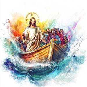 8 Gesù in barca Acquerello Clipart Studio biblico Grafica Persone bibliche Design Bundle Download digitale Religione Artigianato di carta Diari spazzatura