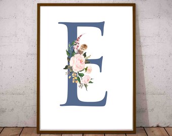 E for Baby Wall with Flowers E Letter Monogram Initial E Letter E Wall Decor E Letter Print Wall Art Prints Poster Alphabet Print Typography