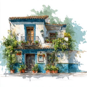 8 Clipart maison de campagne rustique Italie Espagne Méditerranée aquarelle imprimable haute qualité PNG en téléchargement numérique journaux indésirables en papier Artisanat en papier