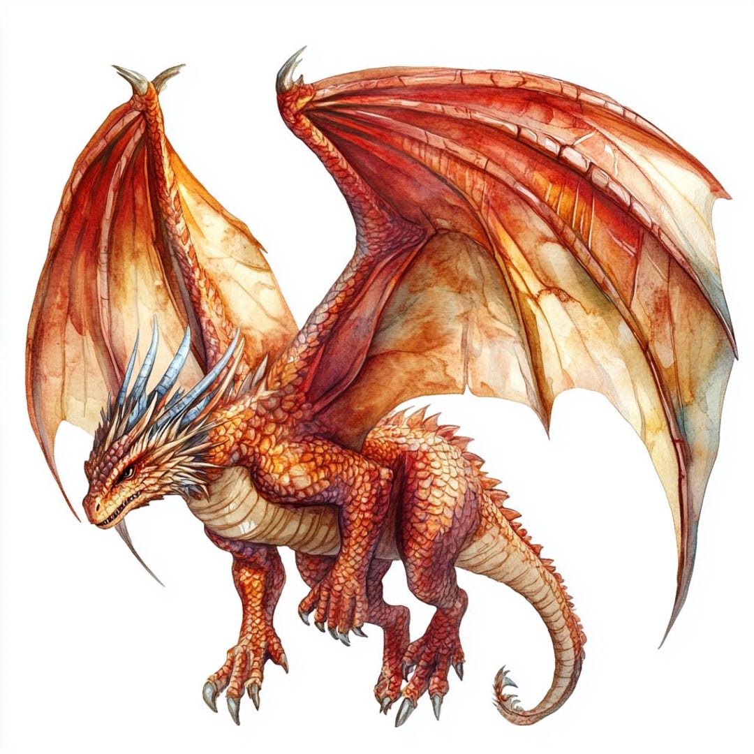 8つの赤いドラゴンのクリップアート水彩画印刷可能なファンタジー