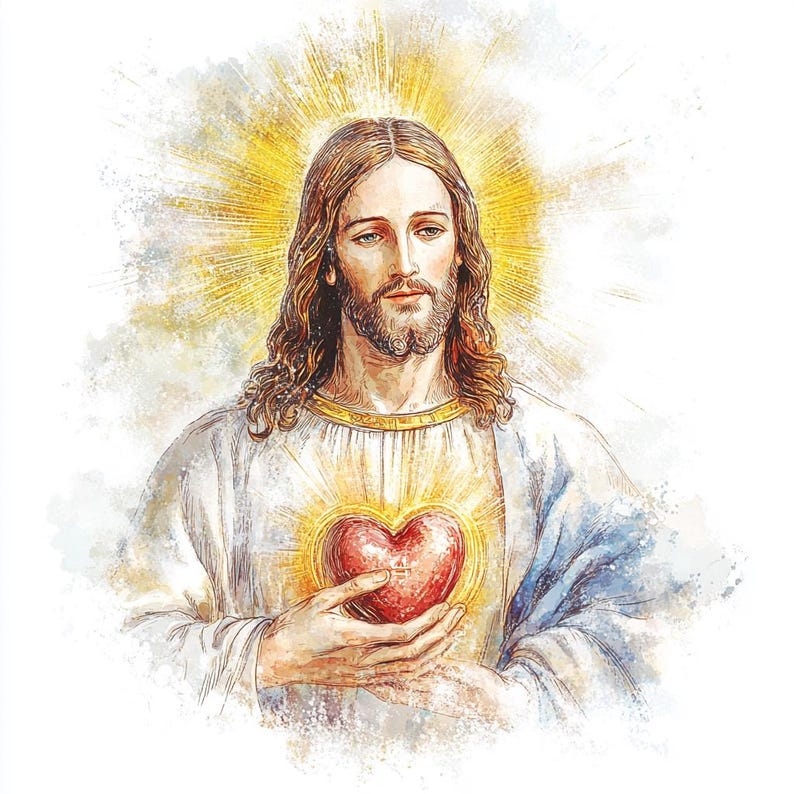 May include: Watercolour illustration of a person with long brown hair and a beard, wearing a white robe with blue accents. A golden halo surrounds the head. The person holds a red heart, radiating light.