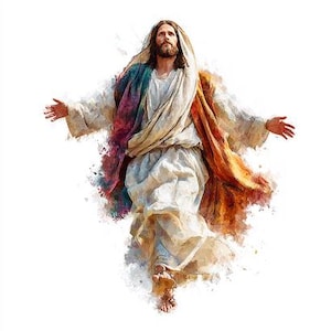 Pu&ograve; includere: Una rappresentazione artistica di una figura con capelli lunghi e barba, che indossa una veste bianca e uno scialle colorato. La figura ha le braccia tese su uno sfondo bianco, con un effetto acquerello.