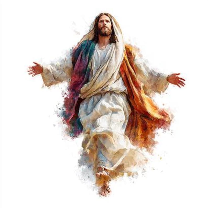 Pu&ograve; includere: Una rappresentazione artistica di una figura con capelli lunghi e barba, che indossa una veste bianca e uno scialle colorato. La figura ha le braccia tese su uno sfondo bianco, con un effetto acquerello.
