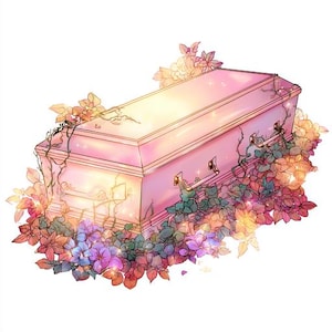 May include: A pink coffin with gold handles, surrounded by colorful flowers and vines. The illustration has a soft, glowing effect, with light emanating from the coffin's surface. The flowers include shades of pink, purple, and orange.