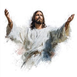 Pu&ograve; includere: Un dipinto di un uomo con lunghi capelli castani e barba, che indossa una veste bianca. Le sue braccia sono tese e il suo sguardo &egrave; rivolto verso l'alto. L'immagine ha uno stile pittorico con pennellate visibili e uno sfondo bianco.