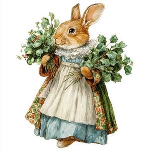 May include: Watercolor illustration of a brown rabbit wearing a blue dress, white apron, and floral-patterned coat. The rabbit holds green foliage with red berries. The rabbit has a white lace collar and is set against a white background.