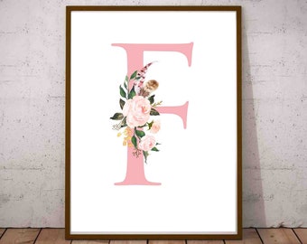 F Floral Monogram F Letter F PRINTABLE Letter F Print Printable Letters Nursery Letter F Art Cream and Peach Floral Initial Print Blush Pink