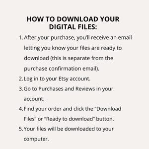 Pu&ograve; includere: Uno sfondo bianco con testo nero che spiega come scaricare file digitali dopo l'acquisto. Le istruzioni includono la verifica dell'e-mail, l'accesso a un account Etsy e la ricerca dell'ordine per scaricare i file. Il testo &egrave; chiaro e facile da leggere.