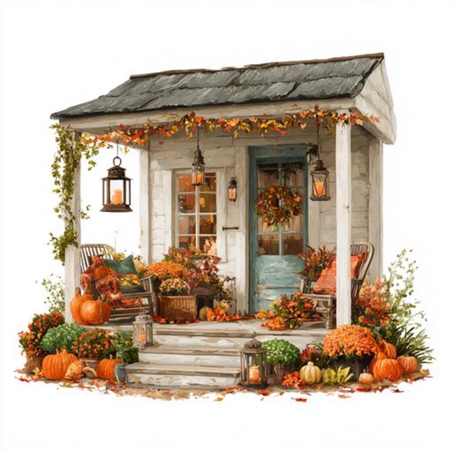 Veranda Collage 8 Autumn House Porch Clipart, Fall Veranda Watercolor Printable ...