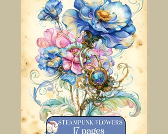 Whimsical Junk Journal Paper Abstract Flowers Steampunk  Clockwork Fantasy Scrapbook Wallpaper Floral Backgrounds Old Vintage Paper Ephemera