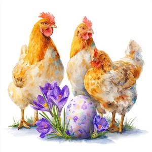 May include: Watercolor illustration of three chickens with orange and white feathers, red combs, and yellow feet. Purple crocus flowers and a decorated Easter egg are in front of the chickens, all on a white background.