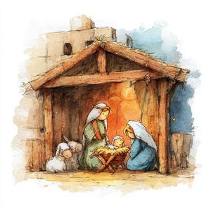 May include: Watercolor illustration of the Nativity scene. The image depicts a wooden stable with Mary, Joseph, and baby Jesus in a manger. A donkey and a sheep are also present. The artwork uses warm, earthy tones and soft watercolor textures.