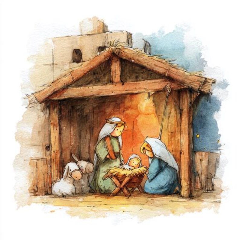 May include: Watercolor illustration of the Nativity scene. The image depicts a wooden stable with Mary, Joseph, and baby Jesus in a manger. A donkey and a sheep are also present. The artwork uses warm, earthy tones and soft watercolor textures.