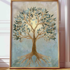 May include: A framed art print of a tree with a golden trunk and roots, and teal and gold leaves. The background is a watercolor wash of blue and beige, with golden rays emanating from behind the tree.