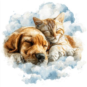 Puede incluir: Ilustración en acuarela de un perro golden retriever y un gato atigrado durmiendo juntos sobre una nube. Ambos animales, con los ojos cerrados, transmiten una sensación de paz y calidez, con colores suaves.