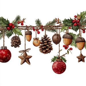 Op de afbeelding: Waterverfillustratie van kerstversieringen. De afbeelding toont rode en gouden ballen, eikels, dennenappels en stervormige ornamenten, hangend aan een slinger van groen en bessen. Het algemene thema is feestelijk en seizoensgebonden.