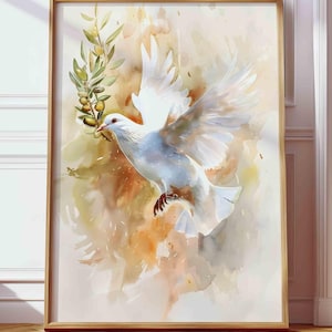 Christian Dove POSTER with Olive Branch, Watercolor Digital Print, Holy Spirit Symbol Wall Art, Farmhouse Boho Faith Based Catholic Decor