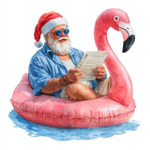 Pode incluir: Ilustração em aquarela do Papai Noel usando óculos de sol e um chapéu de Papai Noel, relaxando em um flutuador de piscina de flamingo rosa. Ele está segurando papéis e usando uma camisa azul. O flutuador está em água azul.
