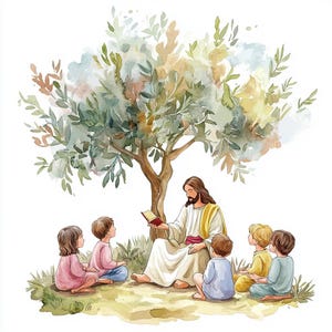 8 Jesus Lesung, Kinder Clipart Lehre Kinder Jungen Mädchen Unter Dem Baum Aquarell Digitaler Download Hochwertige PNGs Handwerk Junk Journals