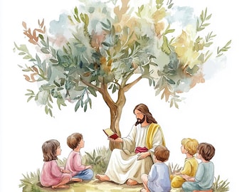 8 Clipart di Gesù che legge ai bambini Insegnamento ai bambini Ragazzo e ragazza sotto l'albero Acquerello Download digitale PNG di alta qualità Artigianato Diari spazzatura