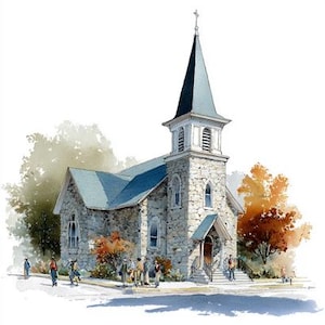 May include: Watercolour painting of a stone church with a tall steeple and a cross. The church has a blue roof and arched windows. People are gathered outside, and trees with autumn foliage surround it. The style is reminiscent of a traditional village scene.