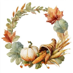 Könnte beinhalten: Aquarell-Illustration eines Herbsterntekranzes. Der Kranz zeigt einen weißen Kürbis, ein Füllhorn mit Mais und Beeren sowie Herbstblätter in Orange-, Rot- und Grüntönen. Weizenähren und grünes Laub vervollständigen das Design.