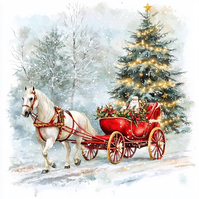 8 Christmas Santa in Red Carriage With White Horse Clipart Watercolor ...