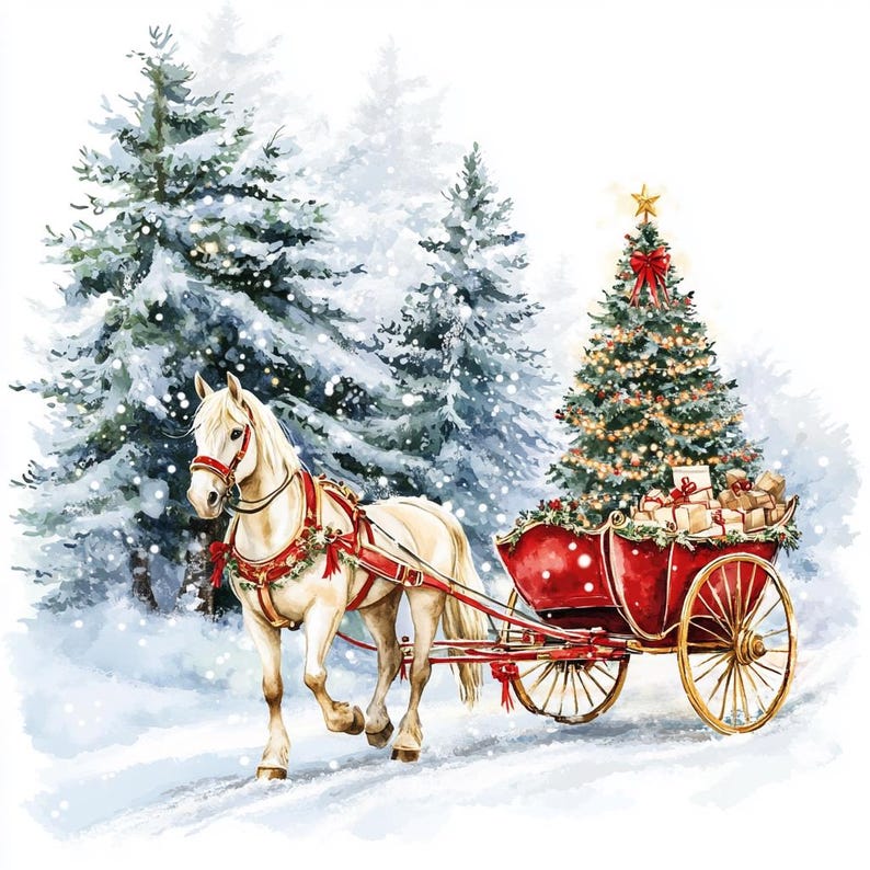 8 Christmas Santa in Red Carriage With White Horse Clipart Watercolor ...