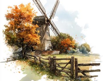 8 Molino de viento de otoño Clipart Paisaje otoñal Paisaje rústico de cabaña Acuarela imprimible Archivos PNG de alta calidad Manualidades de papel digital Revistas basura