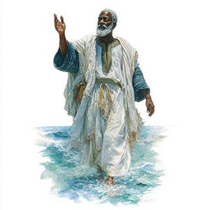 May include: A watercolor painting depicts a Black man with a white beard and hair, wearing a white robe with blue sleeves and gold accents. He is walking in blue water, with his right arm raised.