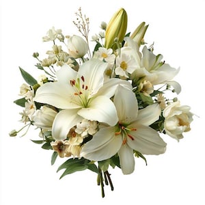 May include: A bouquet of white lilies, tulips, and other flowers. The lilies are the focal point, with large, open petals and prominent stamens. The arrangement includes green leaves and stems, creating a natural and elegant display.