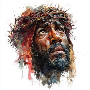 May include: Watercolor portrait of a man with dark skin, wearing a crown of thorns. The artwork features a somber expression, with blood-like paint splatters and a focus on the eyes looking upward. The style is artistic and expressive.