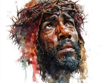 May include: Watercolor portrait of a man with dark skin, wearing a crown of thorns. The artwork features a somber expression, with blood-like paint splatters and a focus on the eyes looking upward. The style is artistic and expressive.
